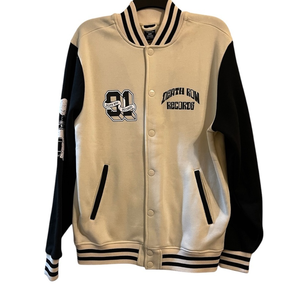 NWOT Death Row Records Script Varsity Logo Jacket Small Beige Black Pockets